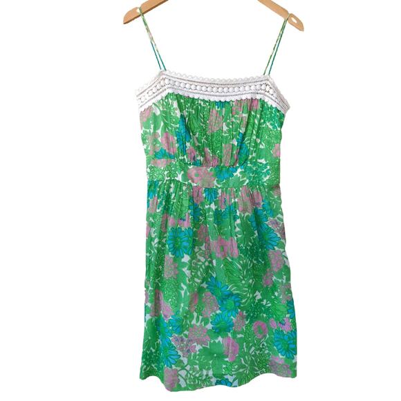 Milly Floral Sun Dress Ping Green Blue Retro Lace Trim - Picture 6 of 8